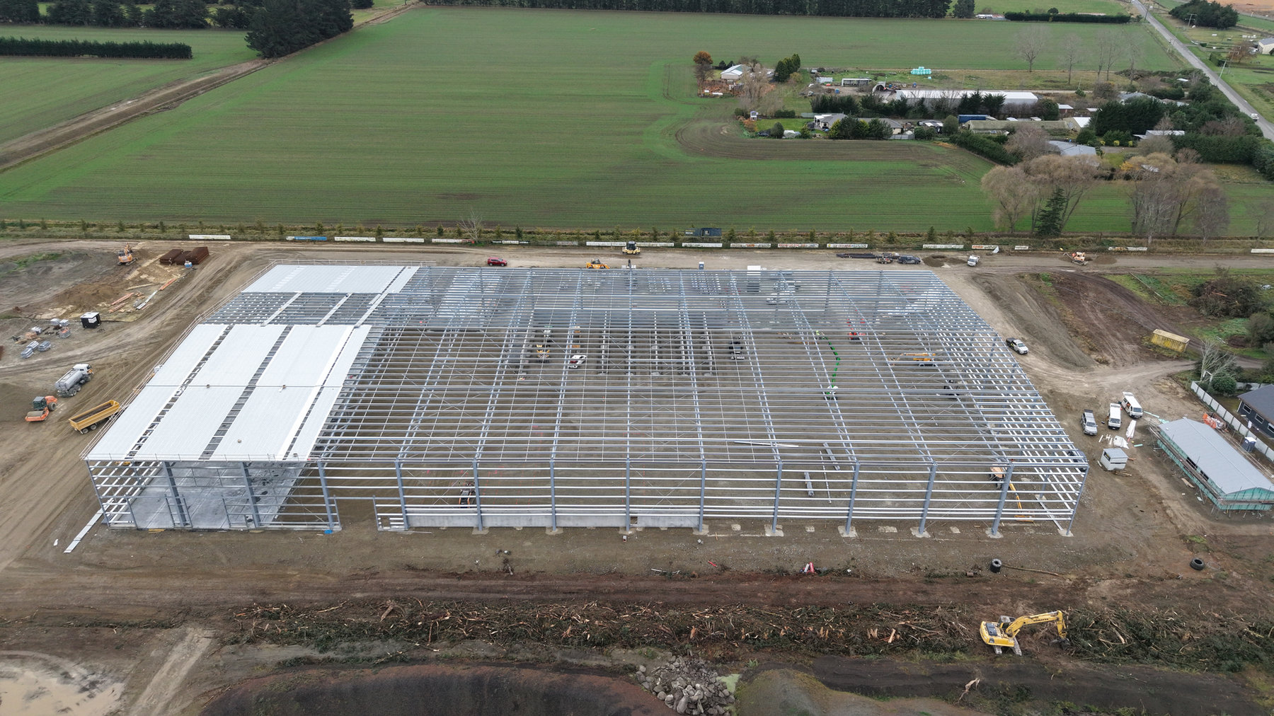 Aerial photograph of a steel structure during roof construction